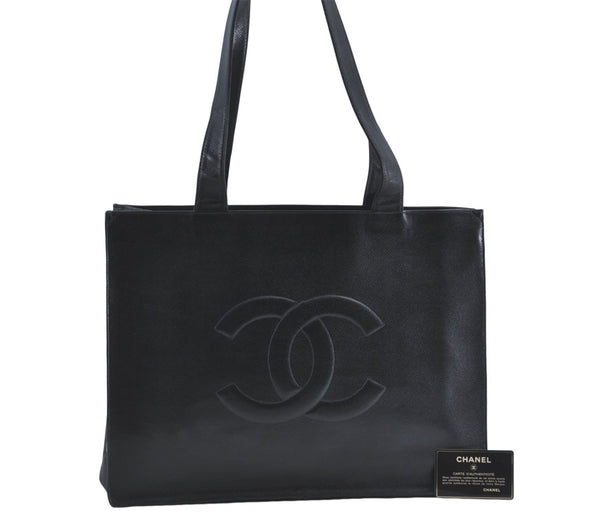 Authentic CHANEL Caviar Skin CC Logo Shoulder Tote Bag Black J1038