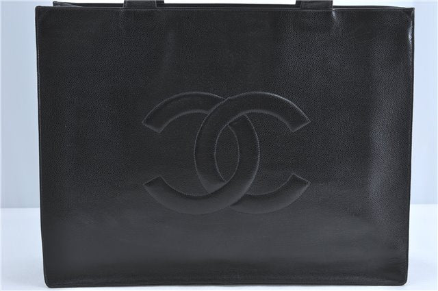 Authentic CHANEL Caviar Skin CC Logo Shoulder Tote Bag Black J1038