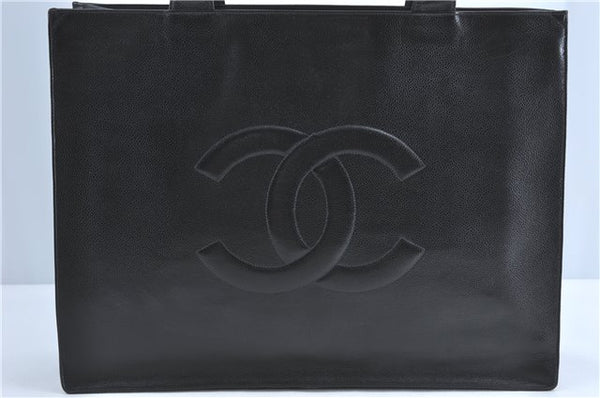 Authentic CHANEL Caviar Skin CC Logo Shoulder Tote Bag Black J1038