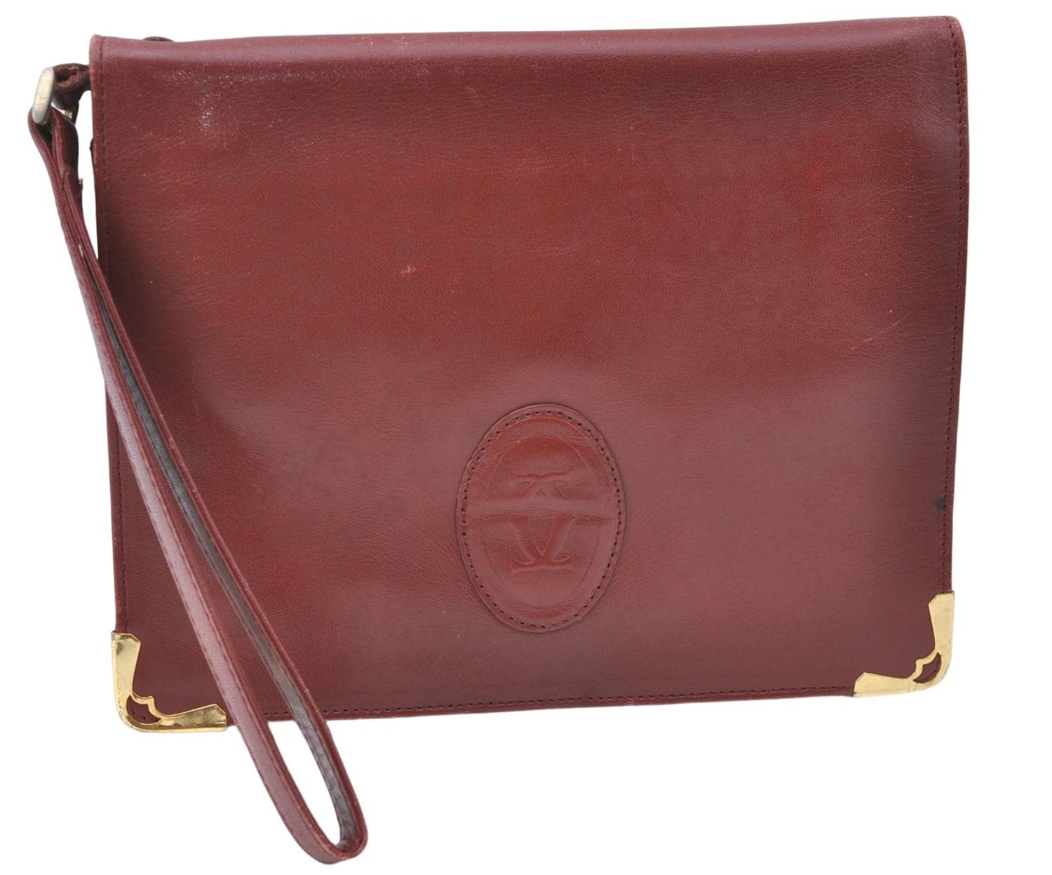 Authentic Cartier Must de Cartier Clutch Bag Purse Leather Bordeaux Red J1052