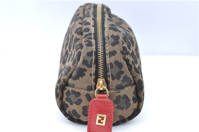 Authentic FENDI Leopard Pouch Canvas Leather Brown Red J1065