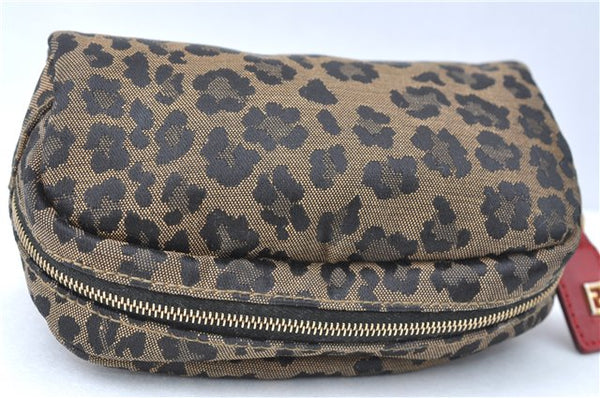 Authentic FENDI Leopard Pouch Canvas Leather Brown Red J1065