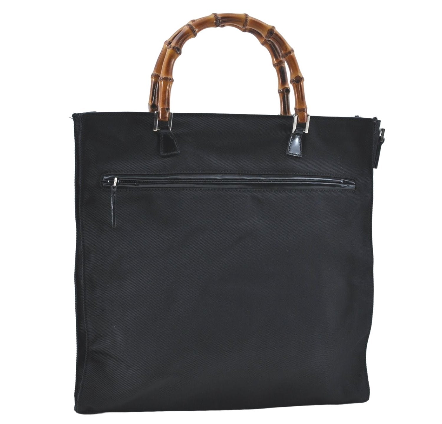 Authentic GUCCI Bamboo Tote Hand Bag Nylon Leather Black J1088