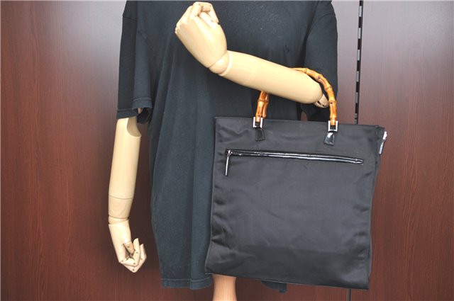 Authentic GUCCI Bamboo Tote Hand Bag Nylon Leather Black J1088