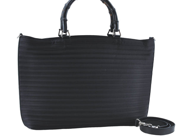 Authentic GUCCI Bamboo 2Way Shoulder Hand Bag Nylon Leather Black J1094