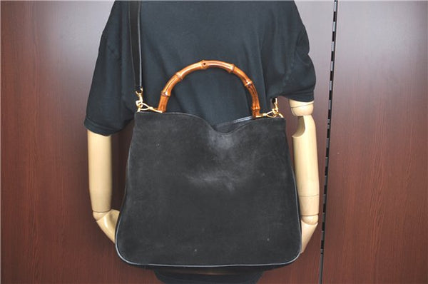 Authentic GUCCI Bamboo 2Way Shoulder Hand Bag Suede Leather Black J1095