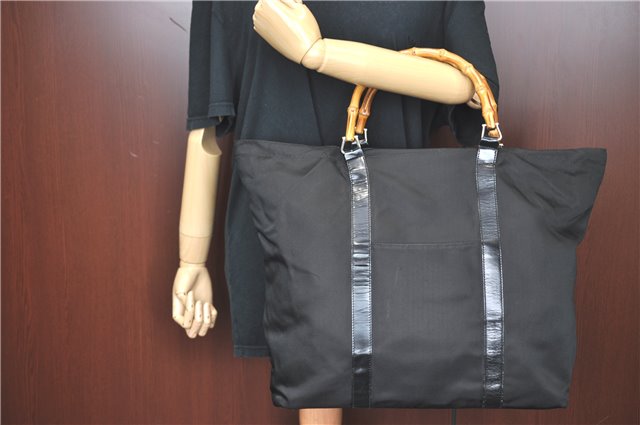 Authentic GUCCI Bamboo Tote Hand Bag Nylon Leather Black J1097