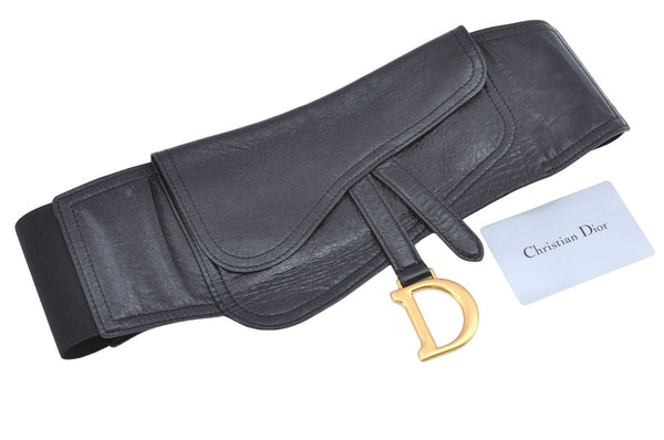 Authentic Christian Dior Belt Pouch Leather Black CD J1126