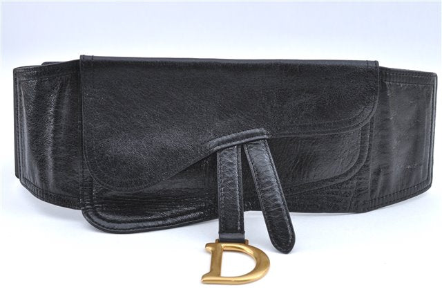 Authentic Christian Dior Belt Pouch Leather Black CD J1126