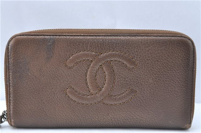 Authentic CHANEL Calf Skin Long Wallet Purse CC Logo Brown J1131