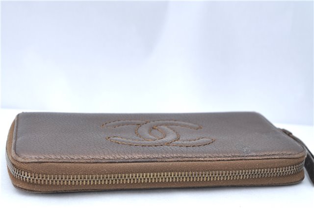 Authentic CHANEL Calf Skin Long Wallet Purse CC Logo Brown J1131