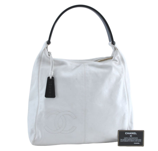 Authentic CHANEL Calf Skin Plastic CC Logo Shoulder Hand Bag White J1170