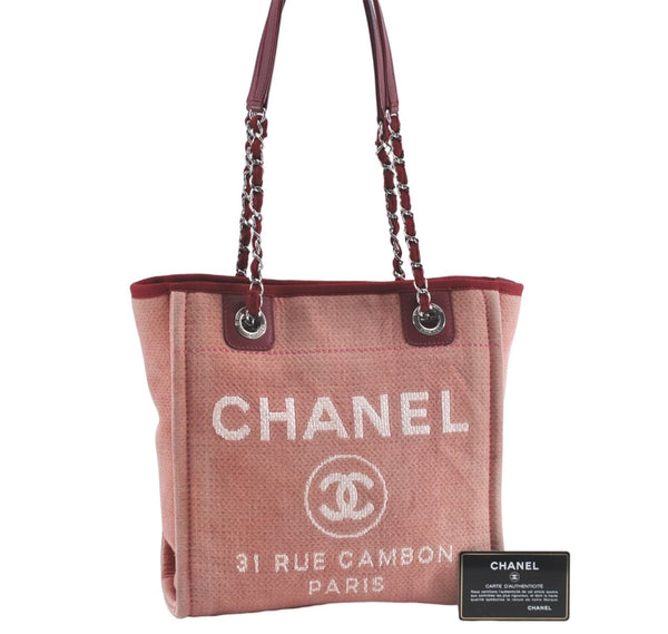 Authentic CHANEL Deauville Line CC Shoulder Tote Bag Canvas Leather Pink J1177