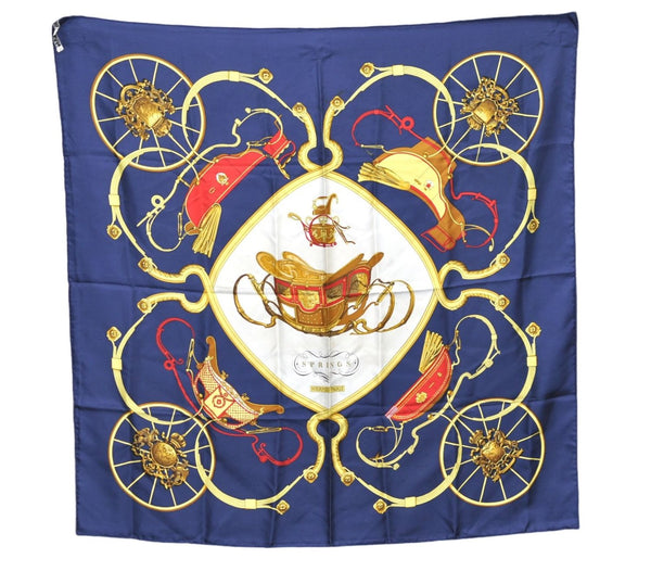 Authentic HERMES Carre 90 Scarf "SPRINGS " Silk Navy Gold Red J1183