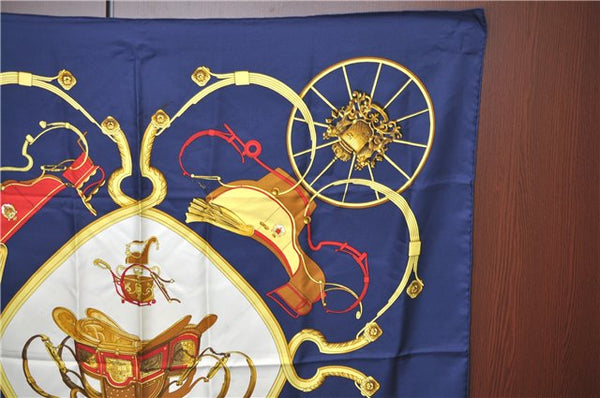 Authentic HERMES Carre 90 Scarf "SPRINGS " Silk Navy Gold Red J1183