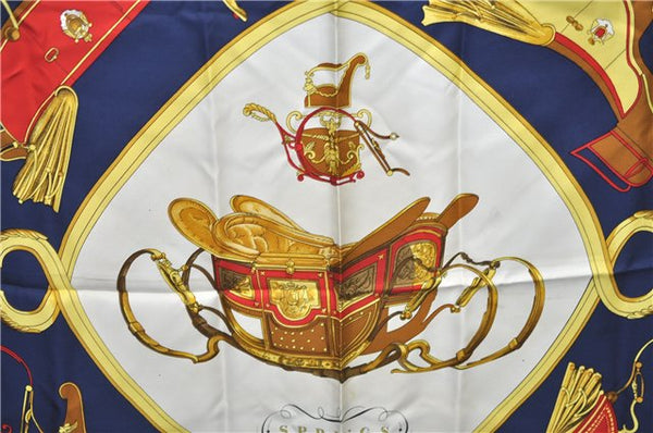 Authentic HERMES Carre 90 Scarf "SPRINGS " Silk Navy Gold Red J1183