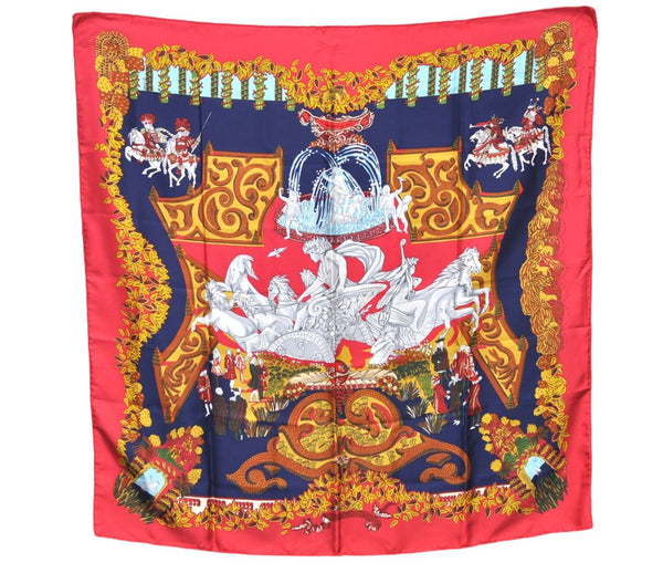 Authentic HERMES Carre 90 Scarf "LE PARADIS DU ROY" Silk Red Gold Navy J1188