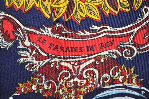 Authentic HERMES Carre 90 Scarf "LE PARADIS DU ROY" Silk Red Gold Navy J1188