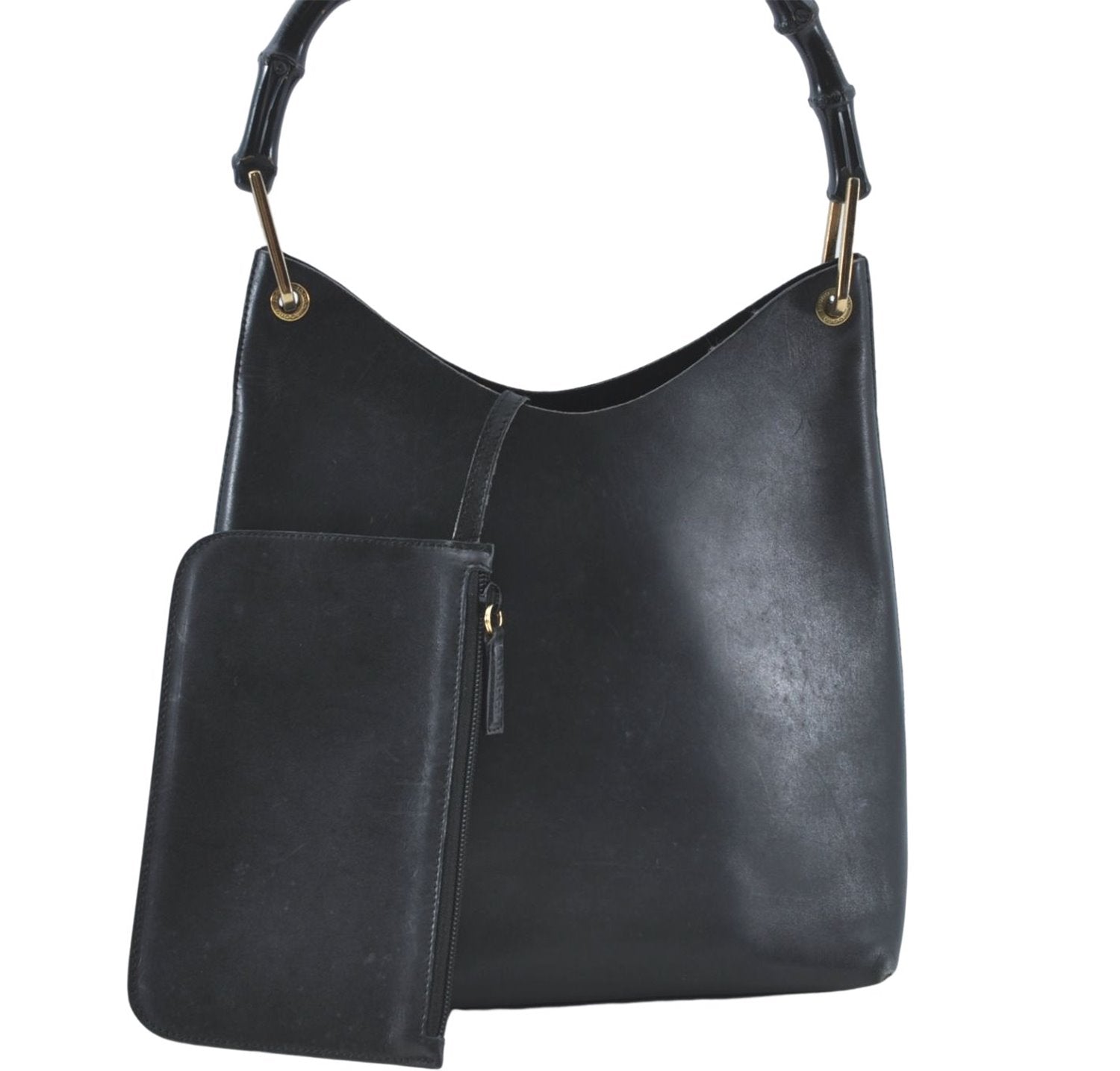 Authentic GUCCI Bamboo Shoulder Hand Bag Purse Leather Black J1211