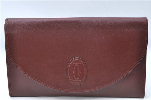 Auth Cartier Must de Cartier Clutch Hand Bag Purse Leather Bordeaux Red J1215