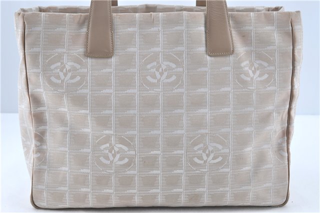 Authentic CHANEL New Travel Line Shoulder Tote Bag Nylon Leather Beige J1241