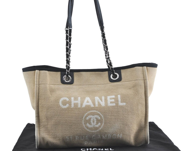 Authentic CHANEL Deauville Line CC Shoulder Tote Bag Canvas Leather Beige J1245