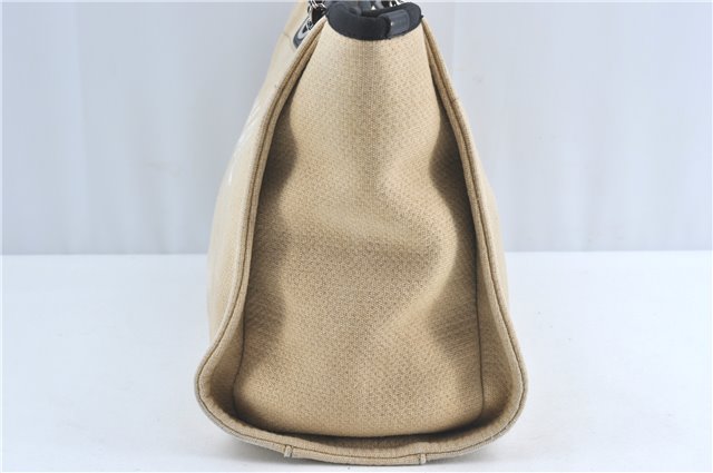 Authentic CHANEL Deauville Line CC Shoulder Tote Bag Canvas Leather Beige J1245