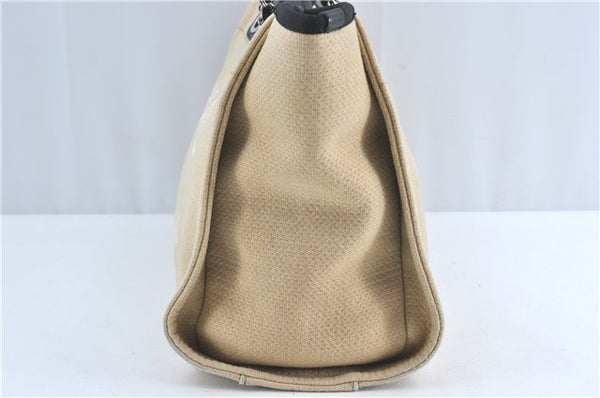 Authentic CHANEL Deauville Line CC Shoulder Tote Bag Canvas Leather Beige J1245