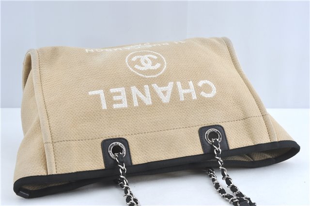 Authentic CHANEL Deauville Line CC Shoulder Tote Bag Canvas Leather Beige J1245