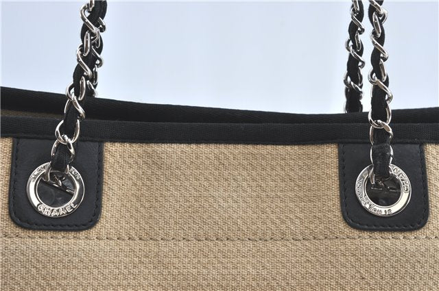 Authentic CHANEL Deauville Line CC Shoulder Tote Bag Canvas Leather Beige J1245