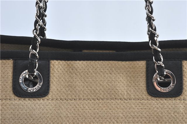 Authentic CHANEL Deauville Line CC Shoulder Tote Bag Canvas Leather Beige J1245
