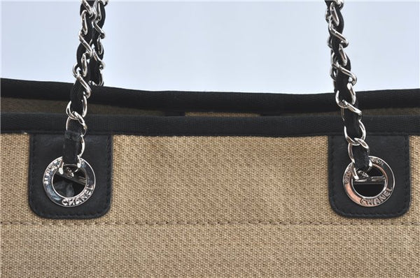 Authentic CHANEL Deauville Line CC Shoulder Tote Bag Canvas Leather Beige J1245