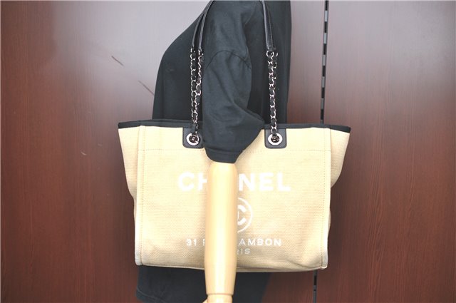 Authentic CHANEL Deauville Line CC Shoulder Tote Bag Canvas Leather Beige J1245