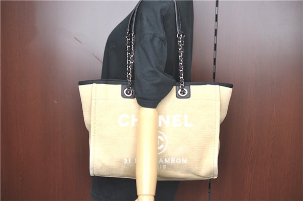 Authentic CHANEL Deauville Line CC Shoulder Tote Bag Canvas Leather Beige J1245