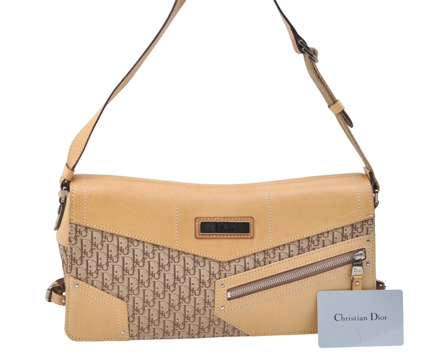 Auth Christian Dior Trotter Shoulder Hand Bag Purse Canvas Leather Beige J1258