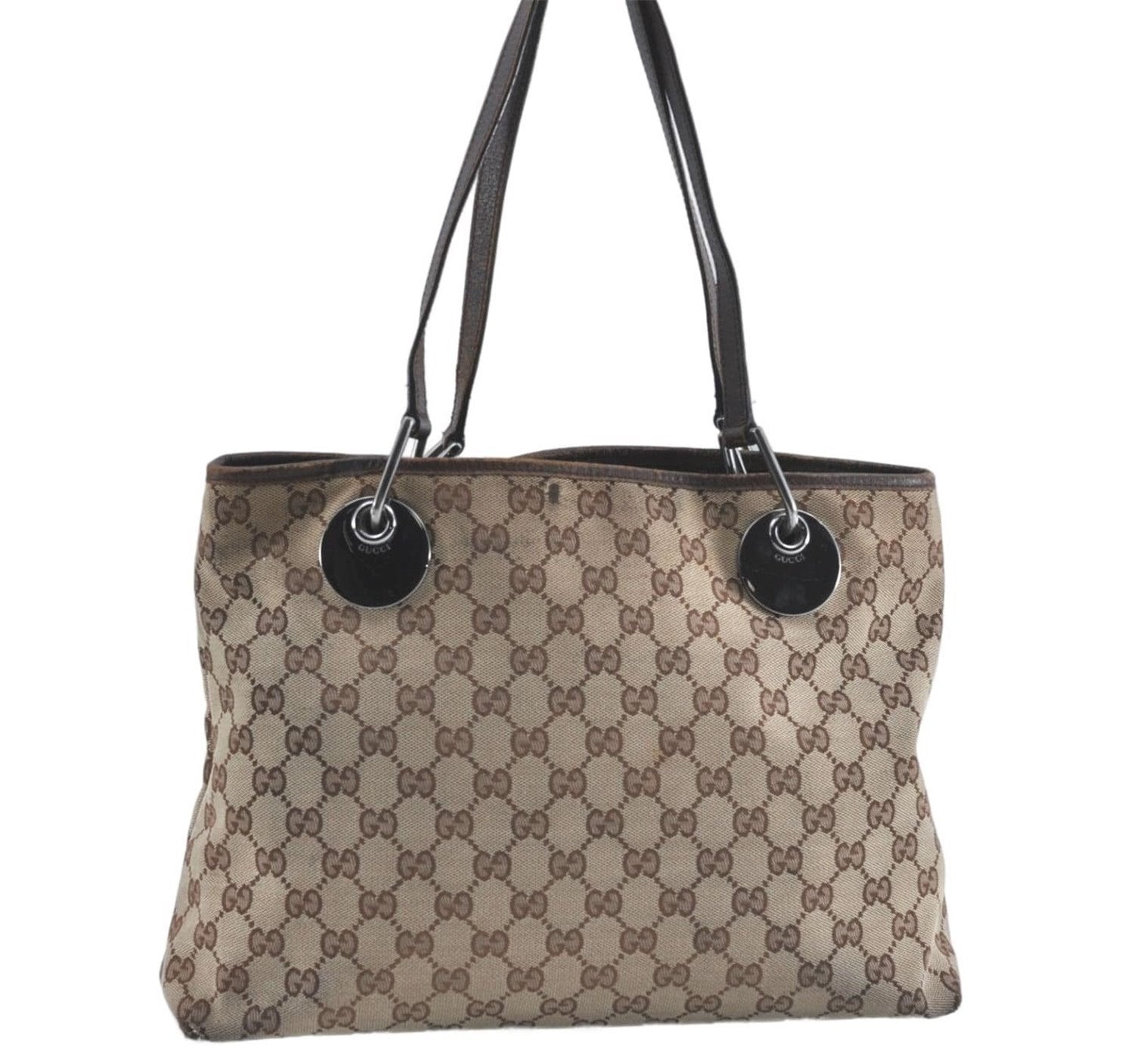 Authentic GUCCI Eclipse Shoulder Tote Bag GG Canvas Leather 120837 Brown J1262