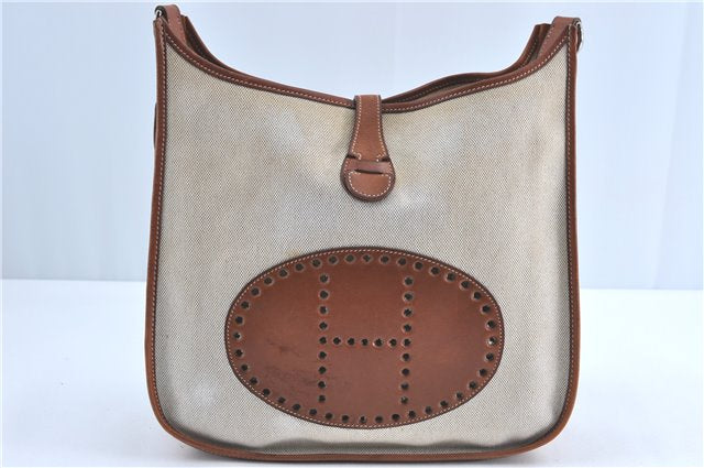 Authentic HERMES Canvas Leather Evelyne GM Shoulder Cross Bag White Brown J1307