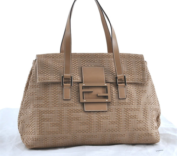 Authentic FENDI Mamma Baguette Shoulder Tote Bag Leather Beige Brown J1308