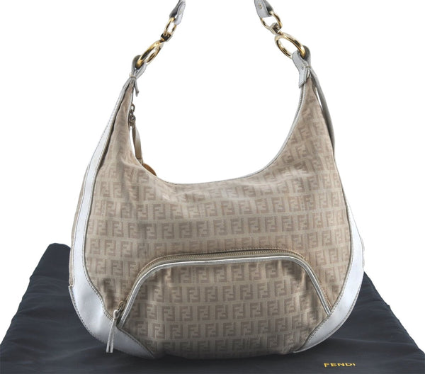 Authentic FENDI Zucchino Shoulder Bag Purse Canvas Leather Beige White J1319