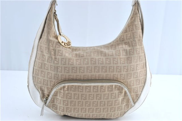 Authentic FENDI Zucchino Shoulder Bag Purse Canvas Leather Beige White J1319