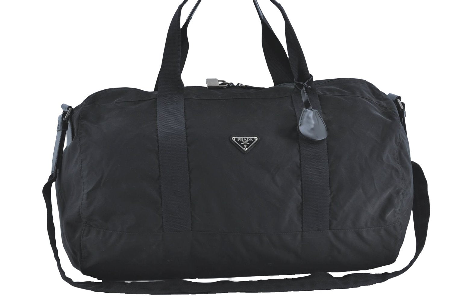 Authentic PRADA Nylon Tessuto Leather Travel Boston Bag Black J1342