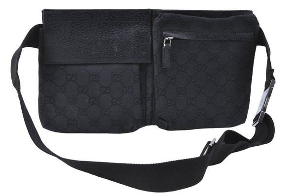 Authentic GUCCI Waist Body Bag Purse GG Canvas Leather 28566 Black J1344