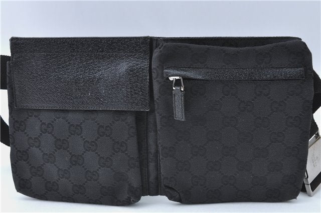 Authentic GUCCI Waist Body Bag Purse GG Canvas Leather 28566 Black J1344