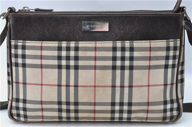 Authentic BURBERRY Nova Check Shoulder Cross Body Bag Nylon Leather Beige J1349