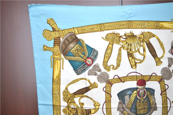 Authentic HERMES Carre 90 Scarf "GRAND UNIFORME" Silk Light Blue Gold J1361