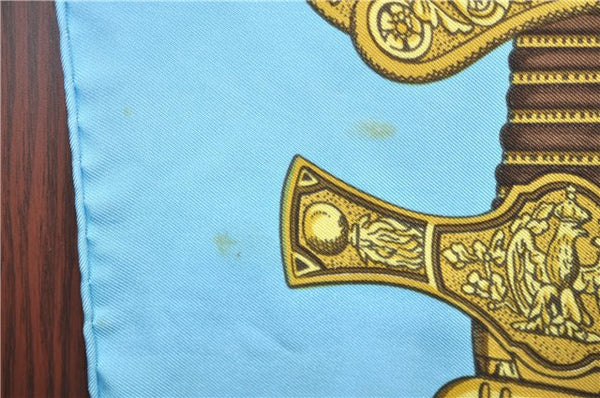 Authentic HERMES Carre 90 Scarf "GRAND UNIFORME" Silk Light Blue Gold J1361