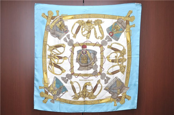 Authentic HERMES Carre 90 Scarf "GRAND UNIFORME" Silk Light Blue Gold J1361