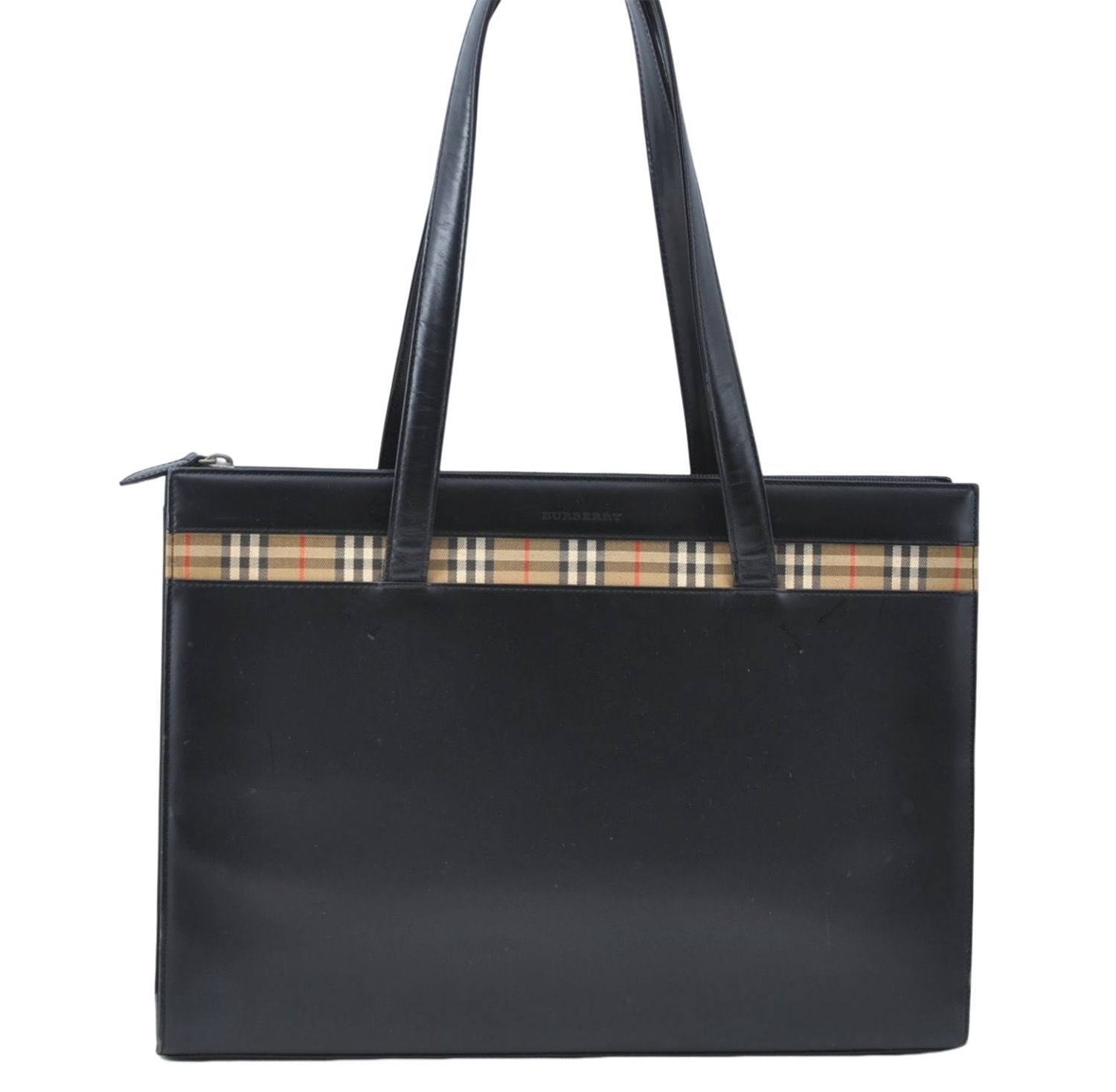 Authentic BURBERRY Vintage Leather Shoulder Tote Bag Black J1366