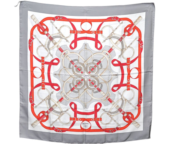 Authentic HERMES Carre 90 Scarf "Eperon d’or" Silk Light Gray White Red J1370