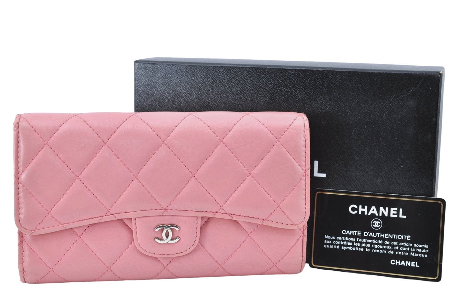 Authentic CHANEL Lamb Skin Matelasse Long Wallet Purse Light Pink CC Box J1371